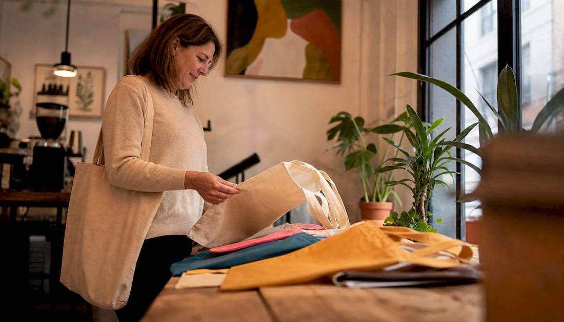 Woman inspecting custom cotton tote bags in studio