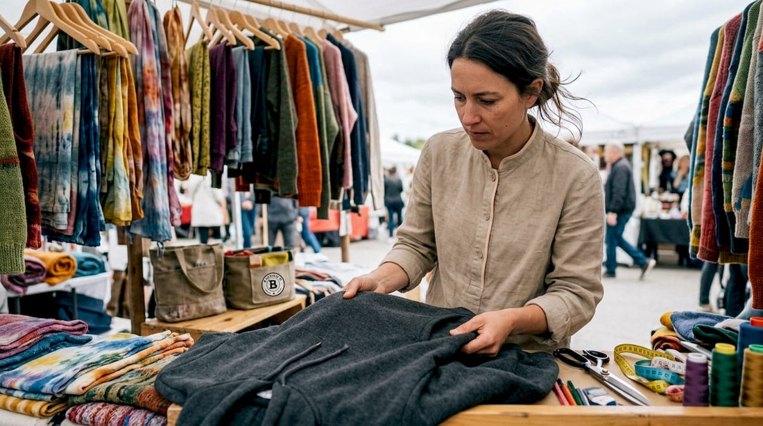 Artisan inspecting heavyweight hoodie fabric