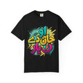 Black t-shirt with colorful Arabic text design on a white background