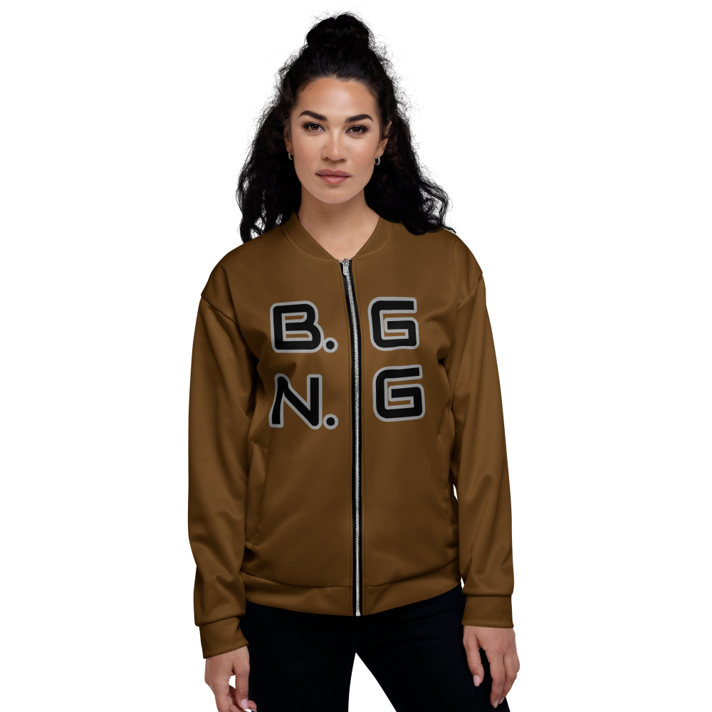 A model wearing a BLOOOMIT zip-up bomber jacket from the B. G. N. G Collection