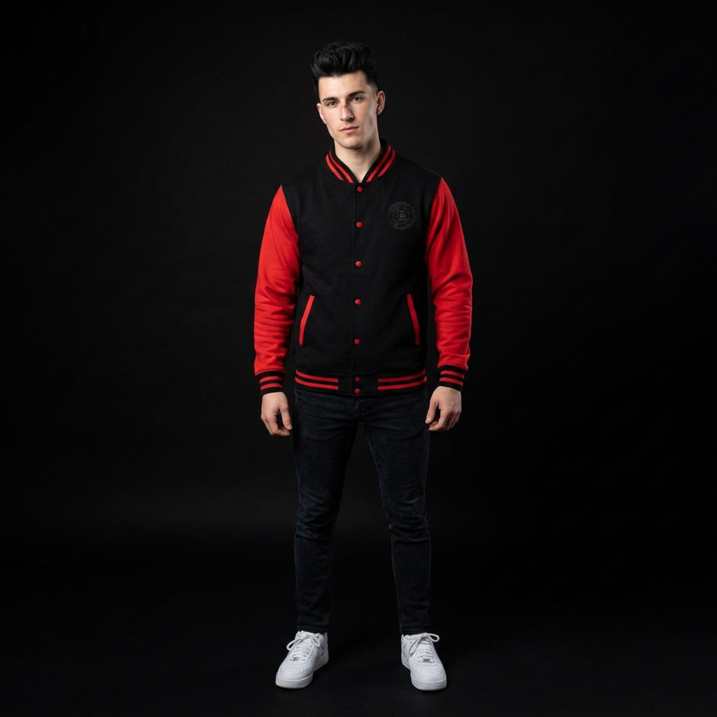 A male model wearing a BLOOOMIT varsity-style jacket with a black body and red sleeves, standing against a solid black studio background.