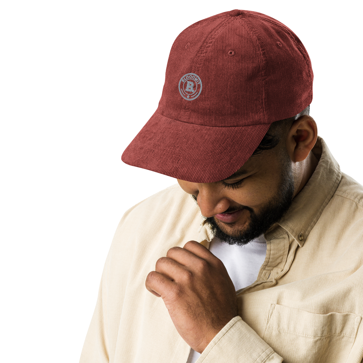 Man wearing a BLOOOMIT maroon B. cap with 'blooomit logo'