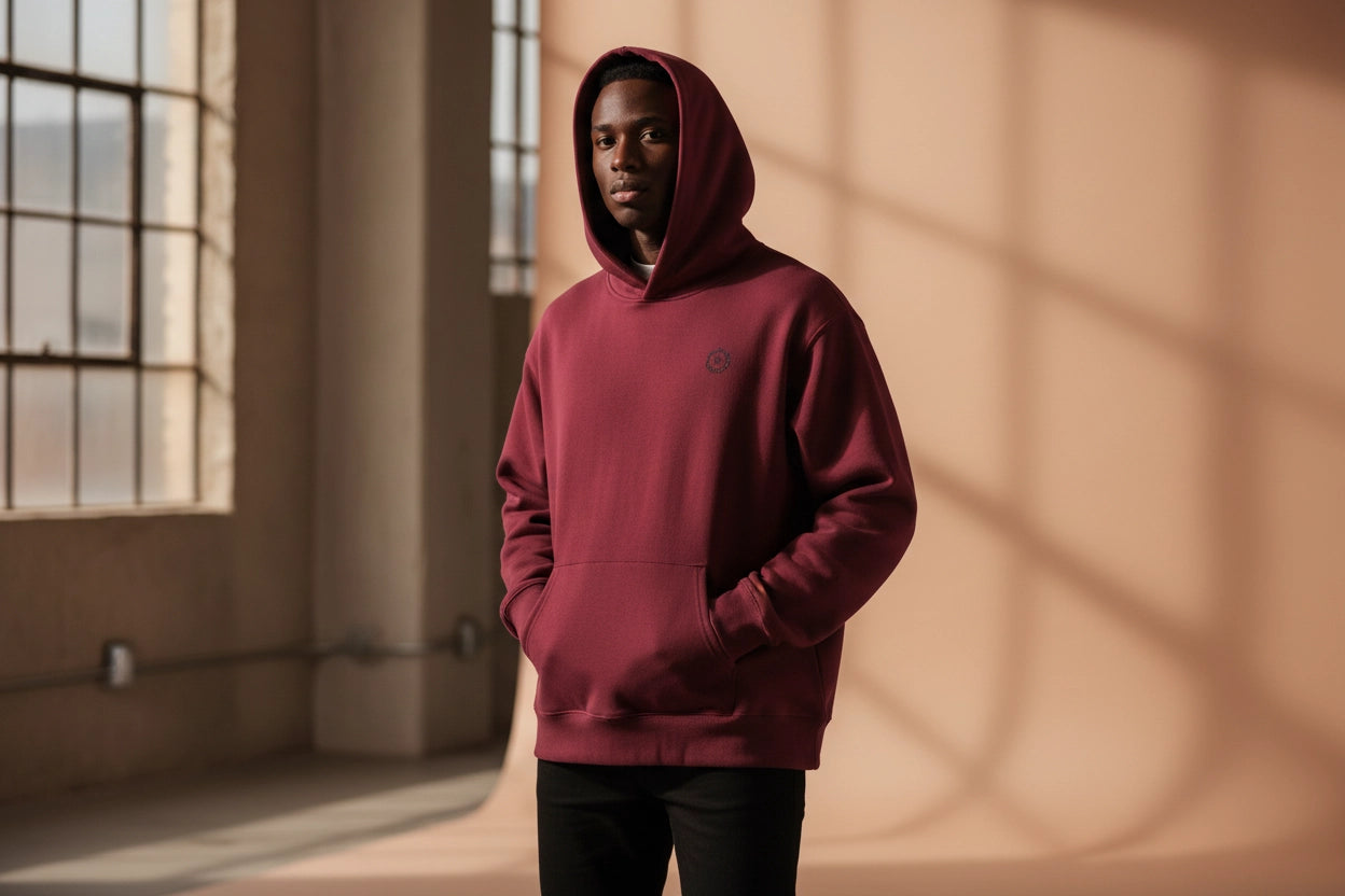 Model wearing a blooomit premium maroon hoodie