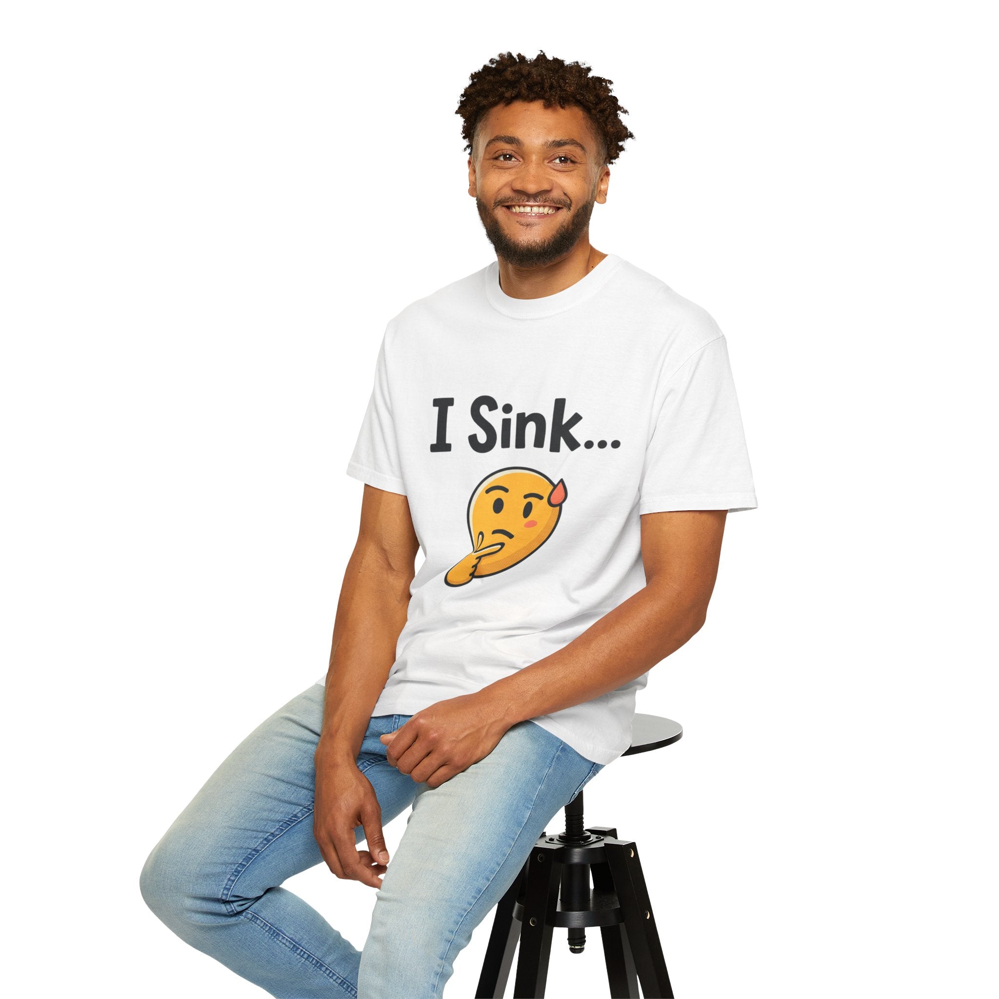 Person wearing a white blooomit t-shirt with 'I Sink...' and a winking face emoji on a white background