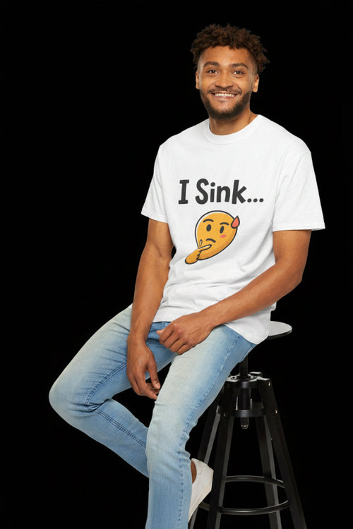 Person wearing a white blooomit t-shirt with 'I Sink...' and a winking face emoji on a white background