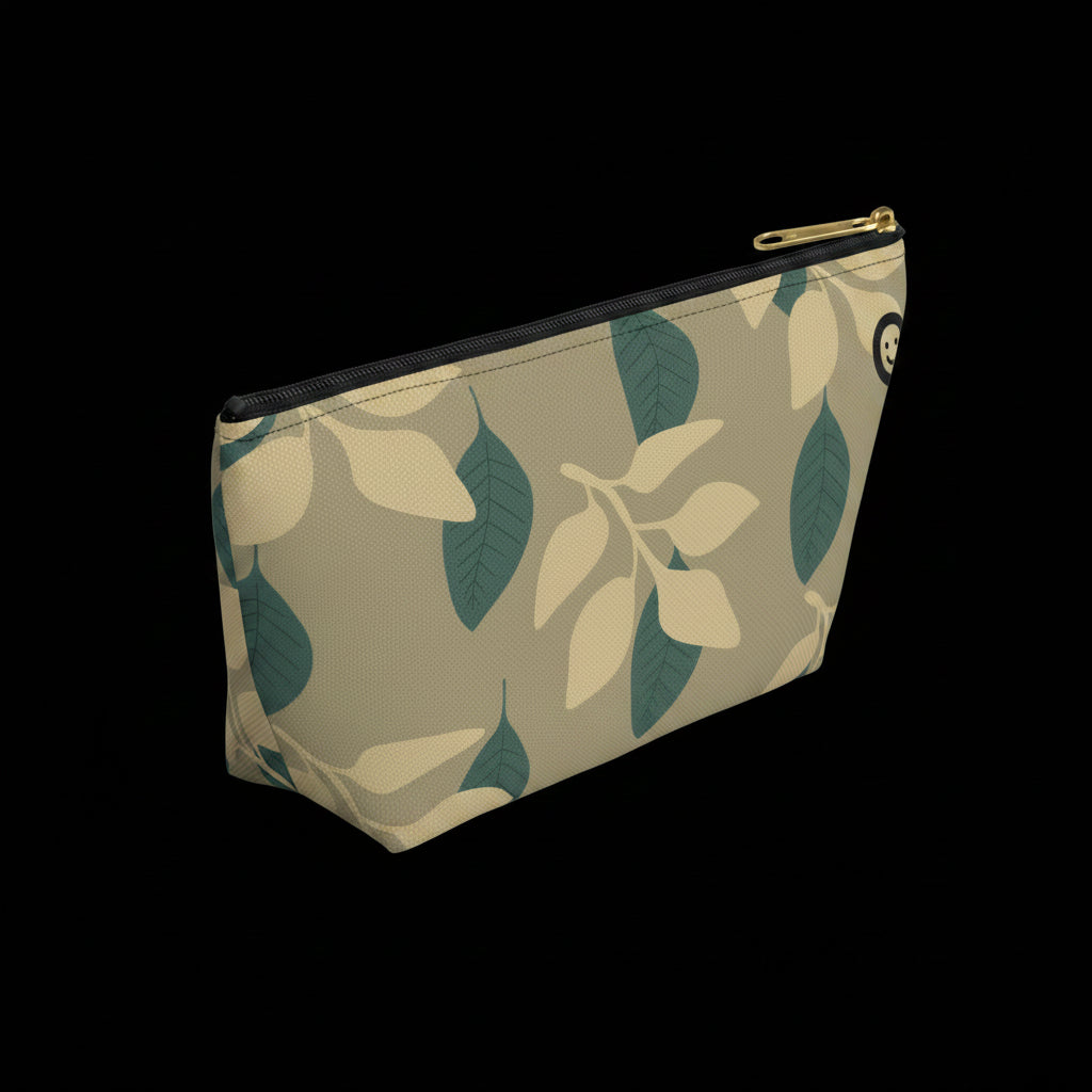 Cosmetic bag with leaf pattern on a beige background blooomit