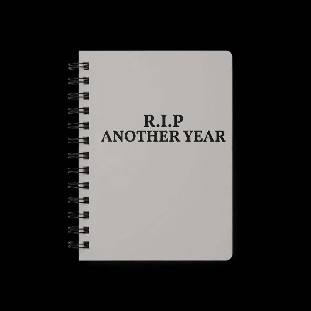 Gray notebook with 'R.I.P. ANOTHER YEAR' text on a white background