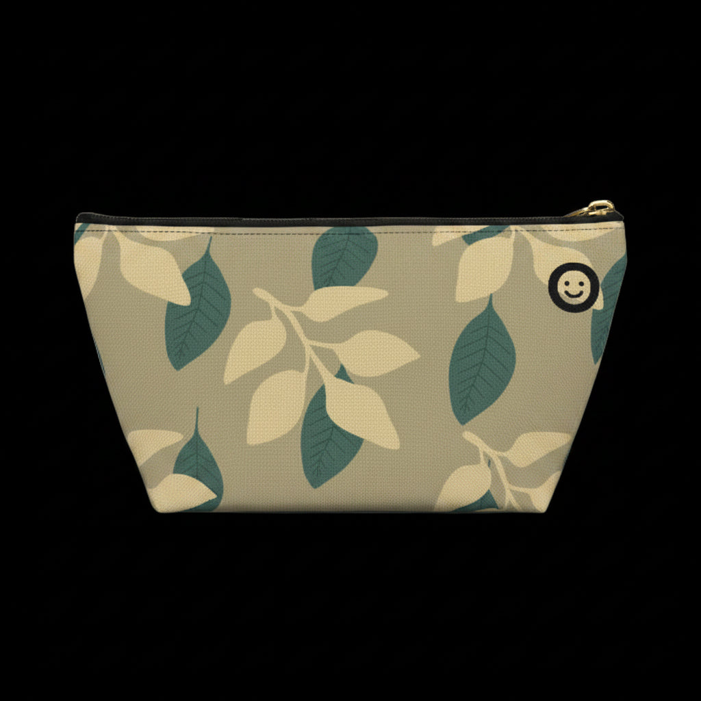 Cosmetic bag with leaf pattern on a white background