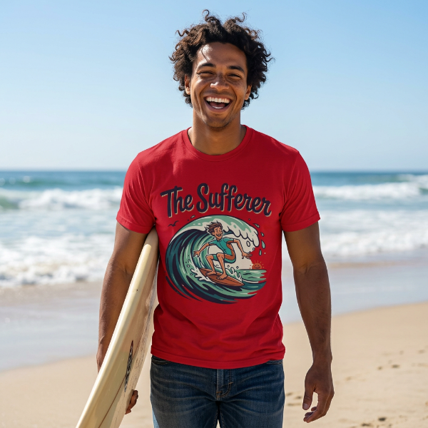 Man wearing a red blooomit t-shirt with 'The Sufferer' graphic on a beach