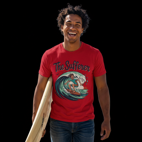 Man wearing a red blooomit t-shirt with 'The Sufferer' graphic on a beach