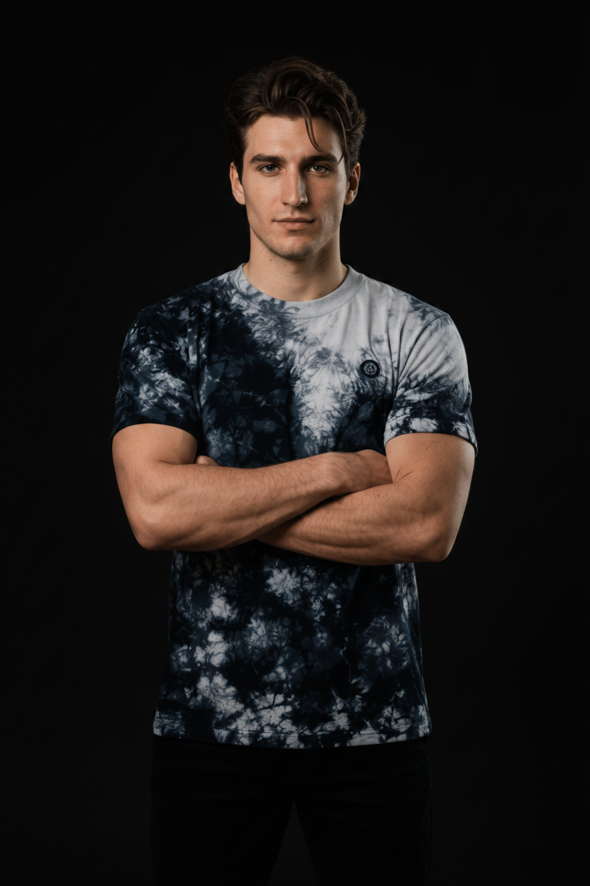 Man wearing a tie-dye shirt standing in a living room.